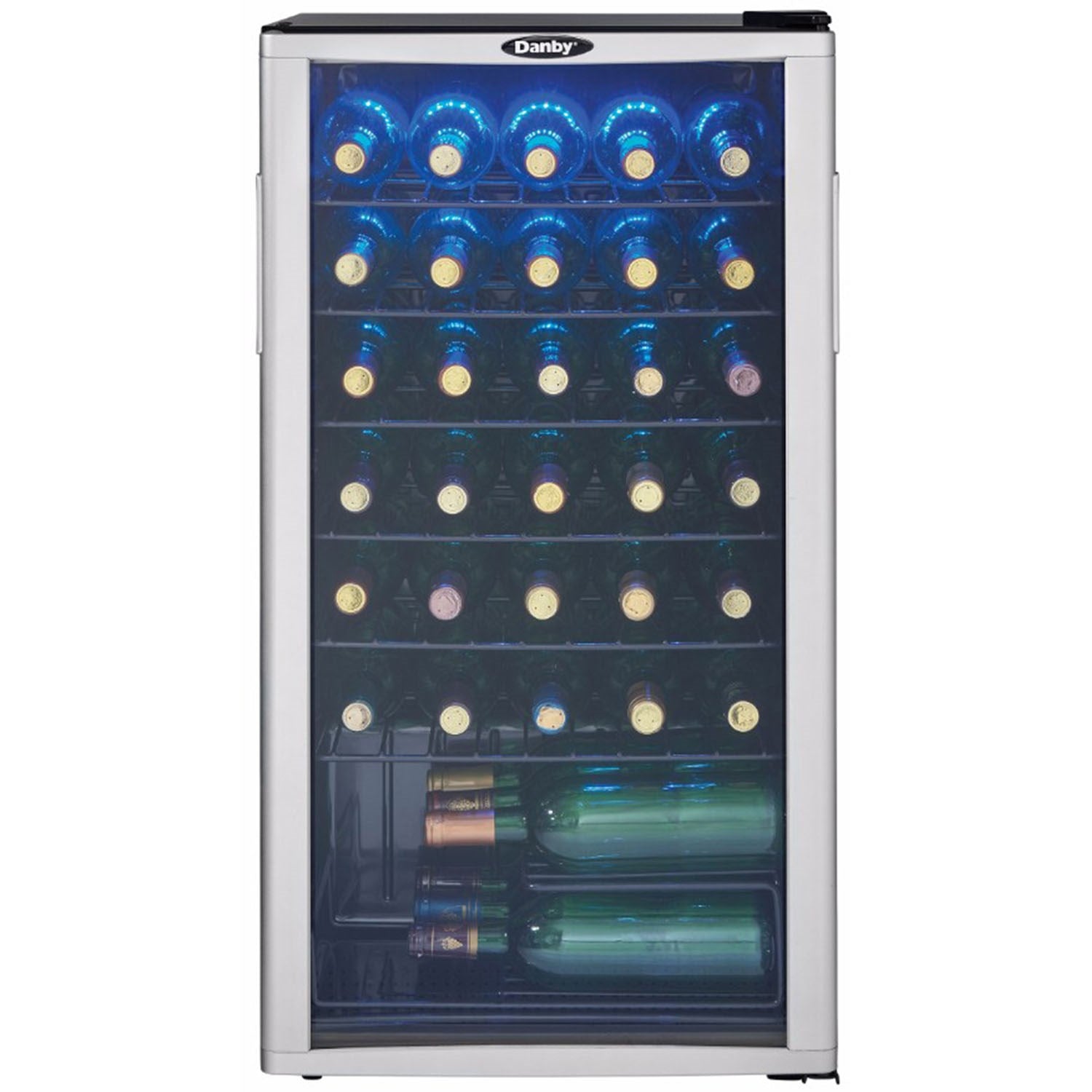 Danby 35 Bottle Freestanding Wine Cooler, Reversible, Tempered Glass Door Black/Platinum