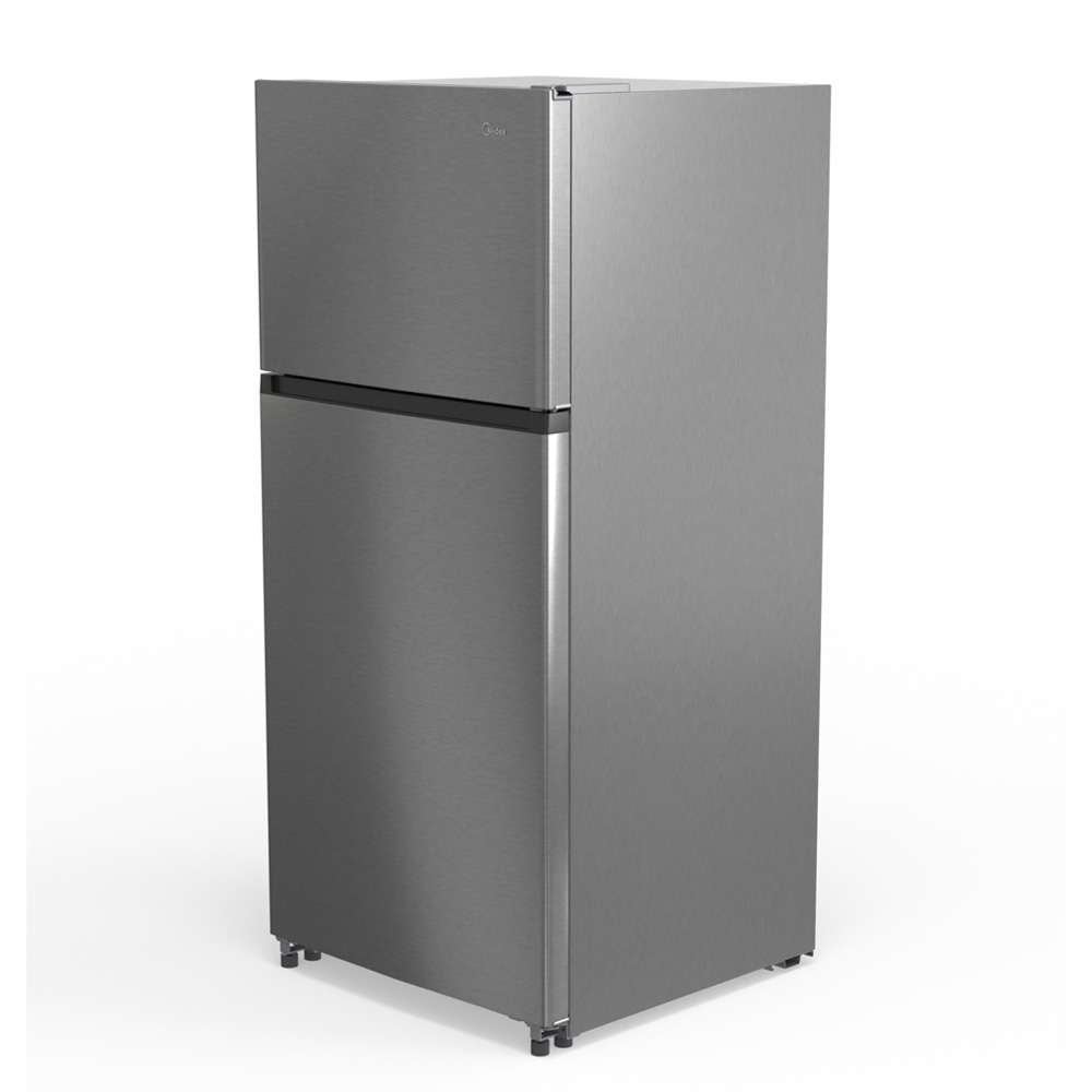 Midea 18 CuFt Top Mount Refrigerator, Glass Shelves, Ice Maker, ESTAR Stainless Steel